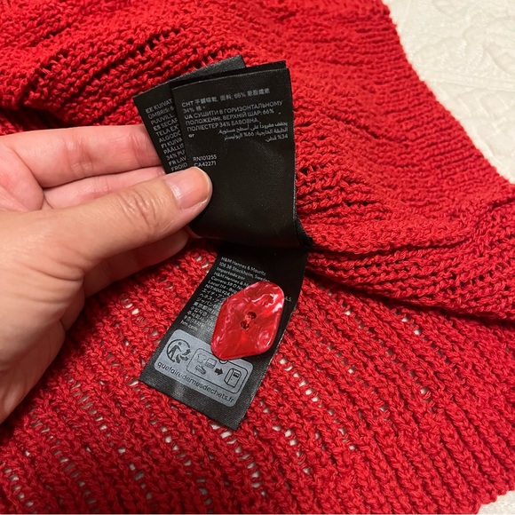 H&M Red Open Knit Cotton Blend Collared Button Down Long Cardigan size XS - Picture 13 of 13